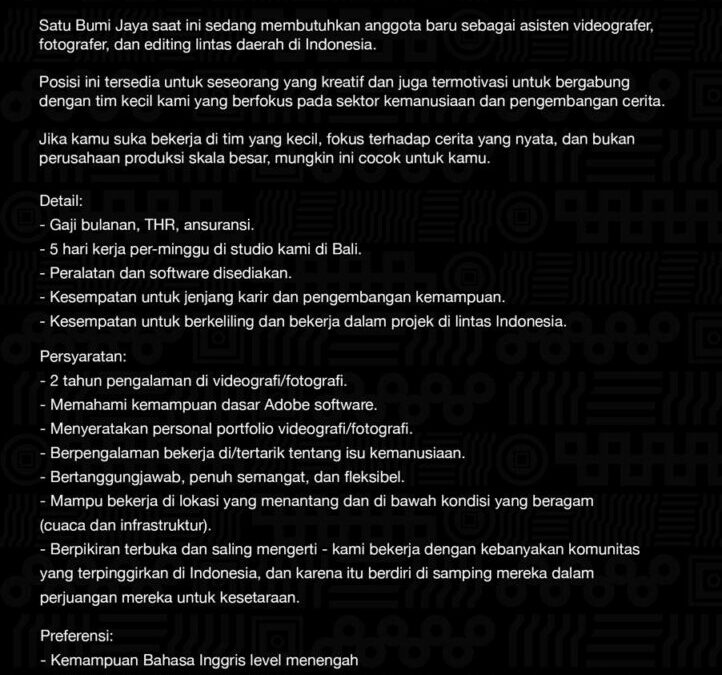 Lowongan Pekerjaan Vedeography, Photography And Editing Assitant